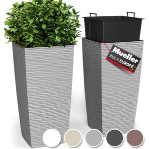 Mueller M-Resin Heavy Duty Tall Planters for Outdoor Plants, Indoor Grande Plant Pots, Boxes, Trees, Flower Pots, 2-Piece Set, 18, Modern Design, Built-in Drainage, Front Porch Decor, Light Grey (18 x 9", Light Grey)