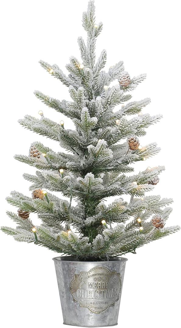 Puleo International Pre-Lit 2' Flocked Table Top Artificial Christmas Tree with 35 Lights in Metal Pot, Green
