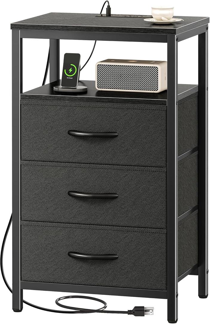 Huuger Nightstand with Charging Station, 27.6 Inch Side Table with Fabric Drawers, End Table Bedside Table with USB Ports and Outlets, Night Stand for Bedroom, Black
