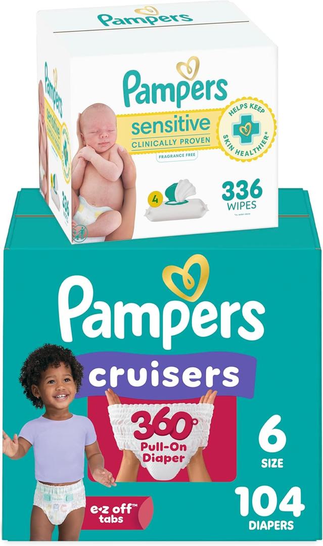 Pampers Pull On Cruisers 360 Fit Disposable Baby Diapers Size 6, 104 Count with Sensitive Water Based Baby Wipes 4X Pop-Top Packs (336 Count)