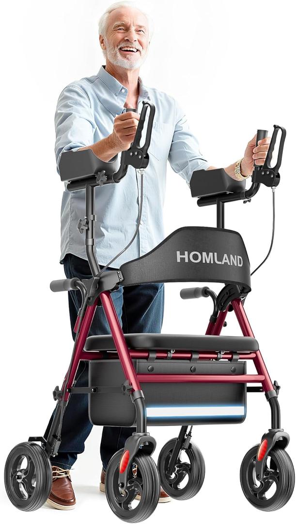 Upright Walkers for Seniors, Stand Up Rollator Walker with Adjustable Padded Armsupport & Seat, Folding Rolling Walker with 8'' Wheel Suitable for All Terrain, Red