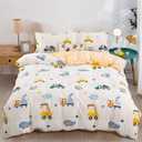 Kids Duvet Cover Set Twin, Cotton Cartoon Car Truck Bedding Set for Boys Girls, 2 Pieces Soft Breathable White Yellow Plaid Reversible Comforter Cover Set (1 Duvet Cover+1 Pillowcase)