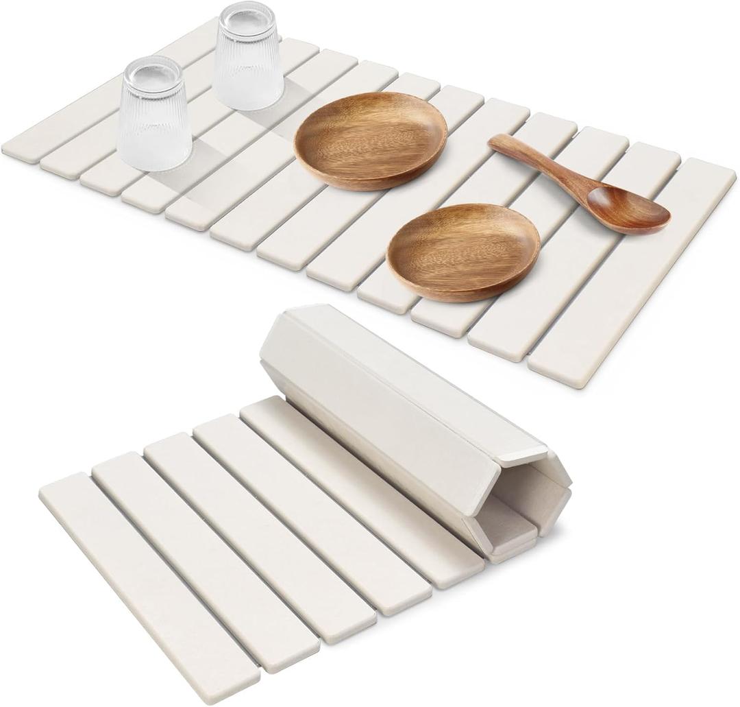 Extral Large Stone Dish Drying Mats for Kitchen Counter, 28"(L)16"(W) Quick Dry Dish Drying Mat, Collapsible Eco-Friendly Absorbent Diatomaceous Earth Mat for Dishes Cups, Match Any Countertop, White