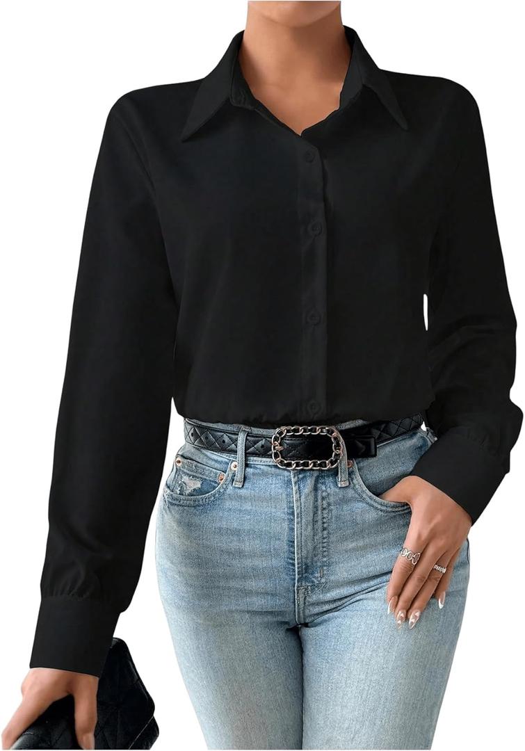 SweatyRocks Women's Button Down Long Sleeve Bodysuit Lapel Collar Casual Leotard Tops (Black, Small)