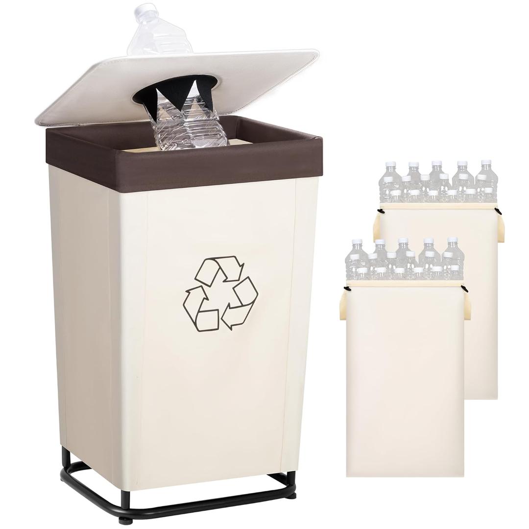 StorageWorks Recycling Bin with Lid, 29Gal Large Recycling Bin for Kitchen, Indoor Recycling Bins with 2 Reusable Washable Bags for Bottles and Cans, Steel Frame Fabric Sorter, 110L, Beige