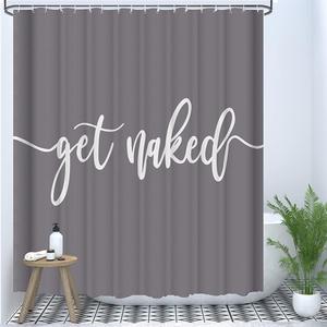 Shower Curtain Funny Cute Get Naked Fashionable Grey Background White Words Machine Washable Fabric Bathroom Decor Set with Hook Bath Curtain 72 x 72 inches