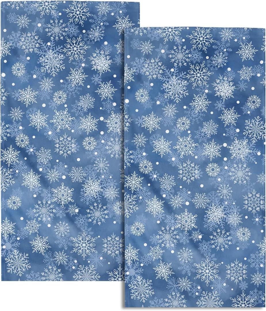Blue Winter Snowflake Hand Towels Christmas Blue Kitchen Towels Set of 2 Soft Absorbent Navy Blue Xmas Bath Towels 14x28 Inch Christmas Holiday Dish Towels for Bathroom Kitchen Bar Tea Gym Spa Decor