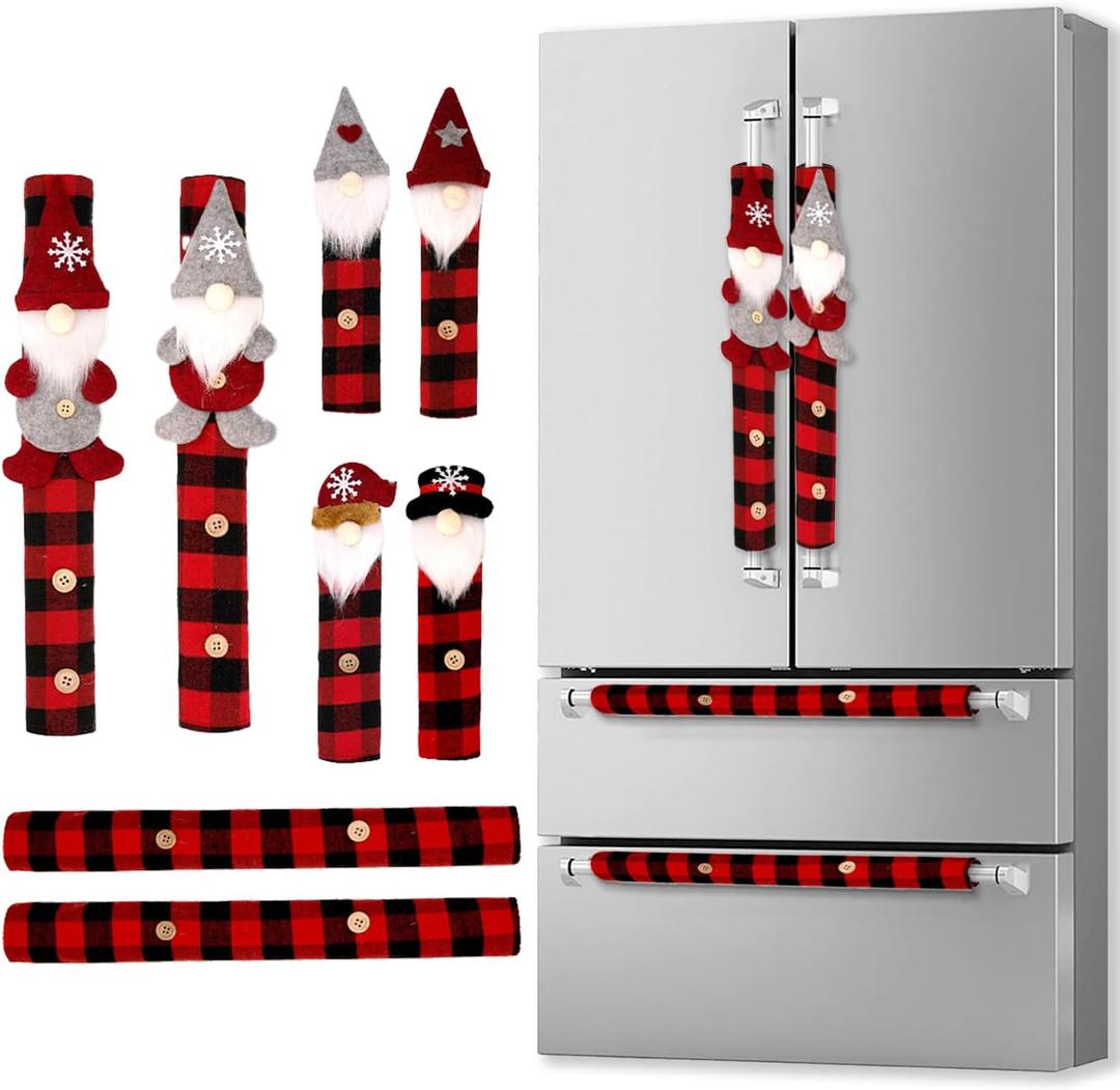 Christmas Refrigerator Handle Covers Set of 8, Buffalo Plaid Black and Red Gnome Kitchen Decorations Refrigerator Door Handle Covers for Fridge Microwave Oven Dishwasher Handle Protector