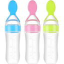 Baby Food Feeder 3 Pack Silicone Baby Food Dispensing Spoon with Standing Base for Infant- 3 oz Squeeze Feeding Spoons with Suction Cup for Boys Girl Kids Toddlers - Self Feeding Bottle Spoon