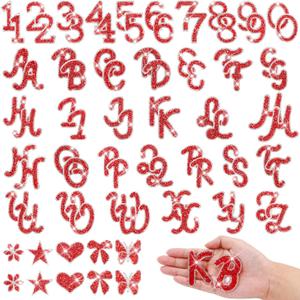 82 PCS Rhinestones Letter Patches Alphabet A-Z, Self Adhesive Number Patch 0-9 Glitter Stickers, Bling Star Butterfly Flower Iron on Letters for Clothing Bags Hats DIY Works(Red)