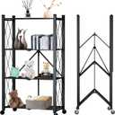 4 Tier Foldable Storage Shelf with Wheels, Heavy Duty Folding Shelf Loads 600 LBS, Metal Steel Collapsible Shelves, Rolling Standing Utility Rack for Kitchen, Pantry, Office, Black