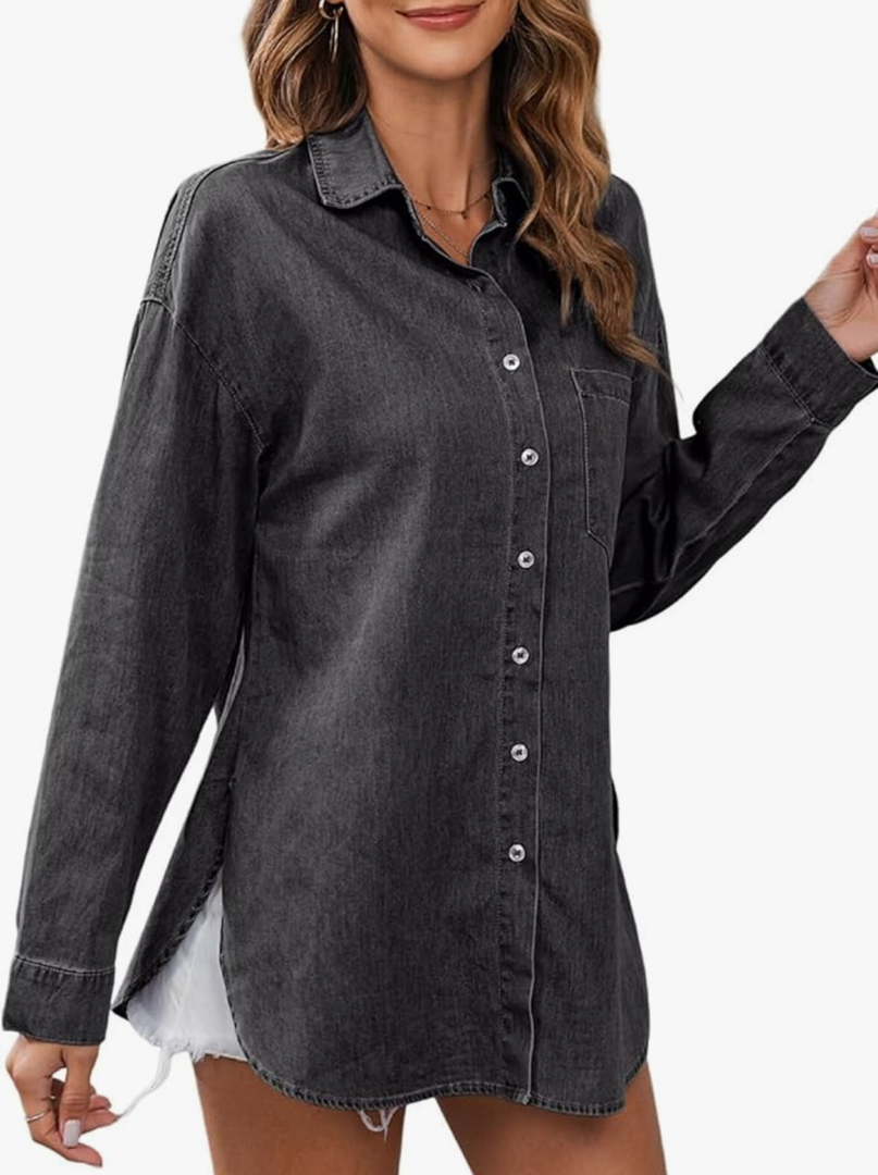 Astylish Women Lightweight Long Sleeve Button Down V Neck Denim Shaket Shirts Loose Blouse Top XS