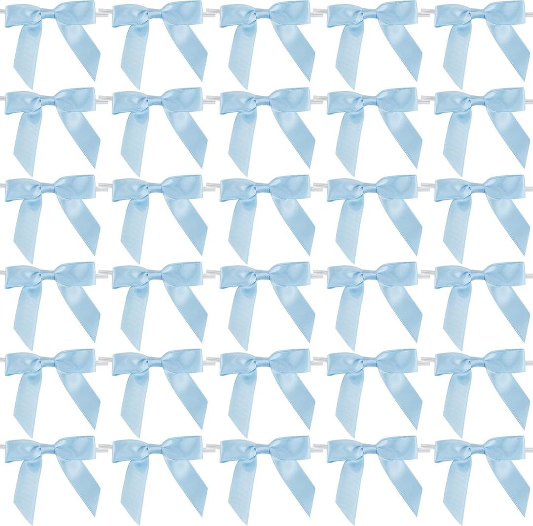 AIMUDI Light Blue Satin Ribbon Twist Tie Bows 2.5" Pretied Blue Bows for Baby Shower Premade Baby Blue Bows for Crafts Treat Bags Cake Pop Gift Wrapping Wedding Party Favors Goodie Bags - 50 Counts