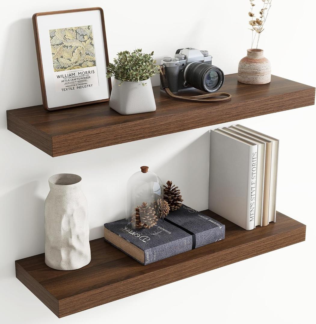 30 Inch Floating Shelves for Wall, 8 Inch Deep Floating Shelf for Storage & Display, Rustic Wall Mounted Shelf with Invisible Brackets for Living Room, Kitchen, Bathroom, Home Decor, Set of 2, Walnut
