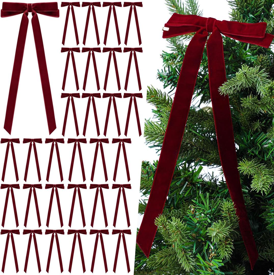 Giegxin 30 Pcs 11 x 5.5 Inches Velvet Bows for Christmas Tree Wreath Garland Ornaments Large Xmas Vintage Double Velvet Ribbon Bows for Xmas Home Decor Indoor Outdoor Holiday Decorations(Burgundy)