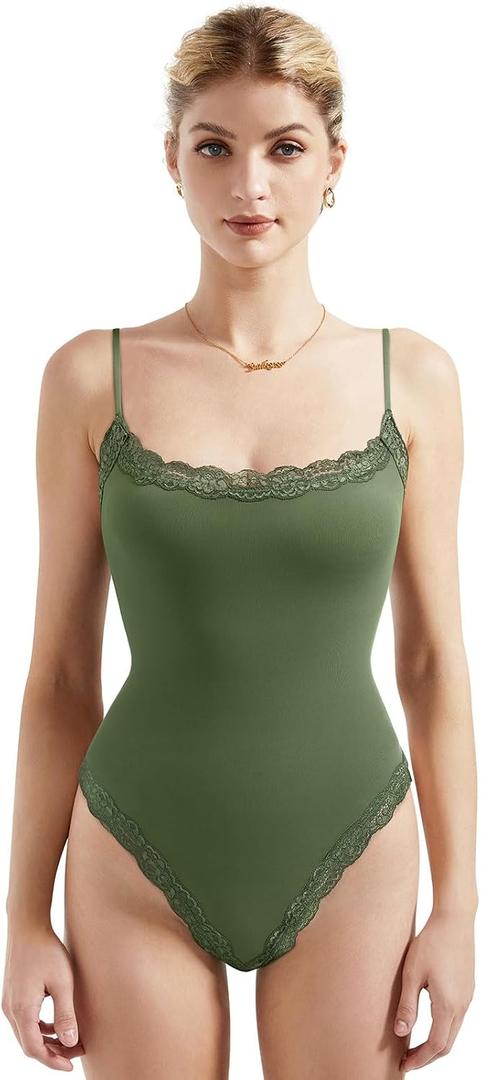 SUUKSESS Women Lace Trim Bodysuits Sleeveless Spaghetti Strap Tank Top, L