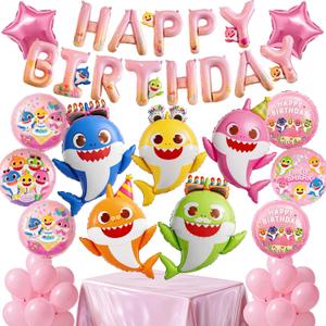 PartyWoo Baby Shark Family Foil Balloons 37pcs Baby Shark Family Pink Round Star Mylar Happy Birthday Letter Balloons for Boys and Girls Under the Sea Kids Birthday Party Decorations