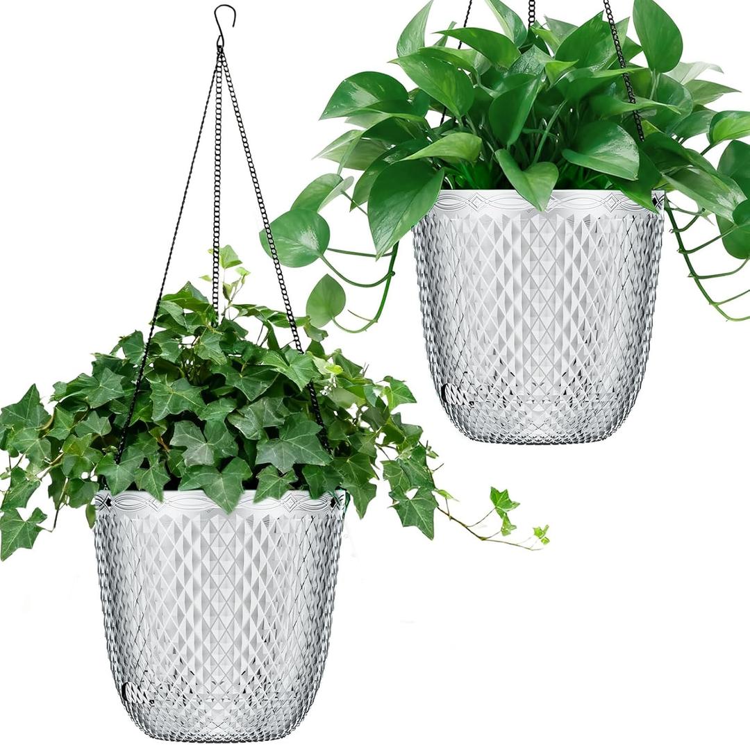 QCQHDU Self Watering Hanging Pots, 2 Pack 7.2 Inch Hanging Planters for Plants Indoor, Flower Pots with Drainage Holes and 3 Hooks Chains for Garden Home (Clear)