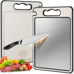 Double Sided 304 Stainless Steel & Wheat Straw Cutting Board, 14.4"*9.8" Non Toxic Lightweight Chopping Board, Separately Handle Meat and Vegetables, Dishwasher Safe, Scratch Resistant Mesh Design