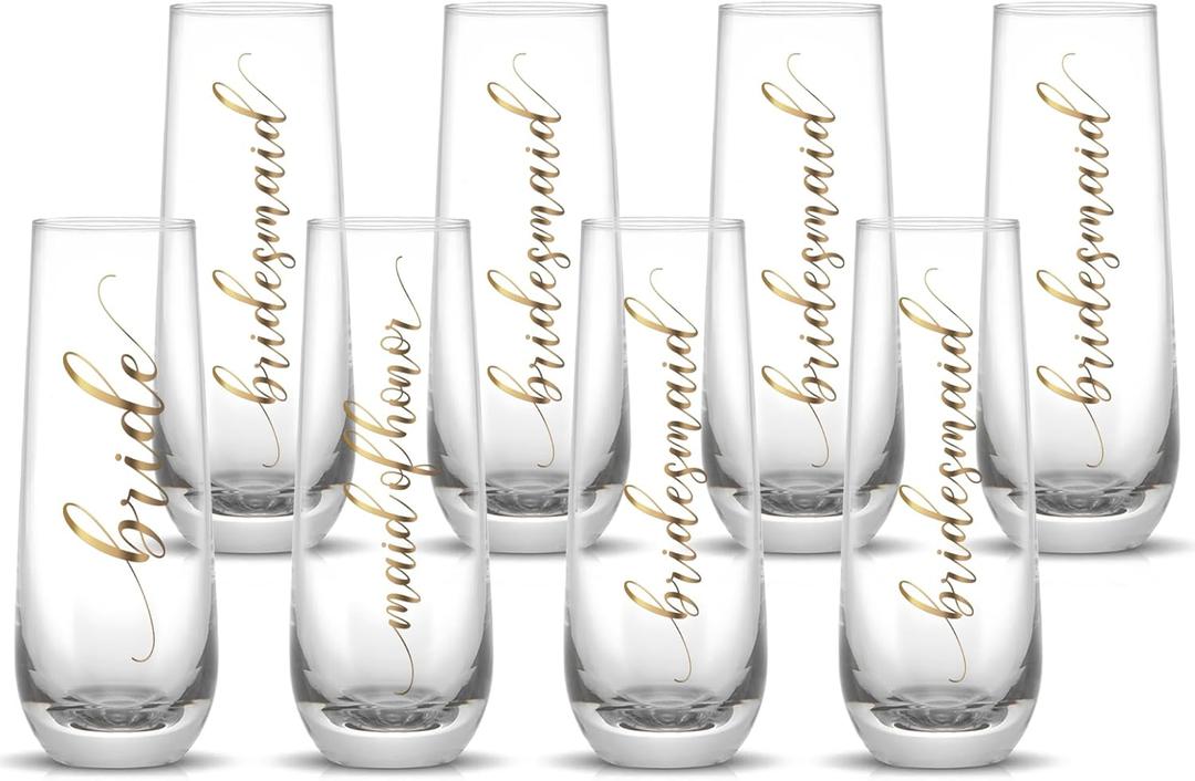 LADY&HOME Bridesmaid Stemless Champagne Flutes Set of 8, 10oz Bride Wine Glasses for Bachelorette Party Weddings(Bridesmaid)