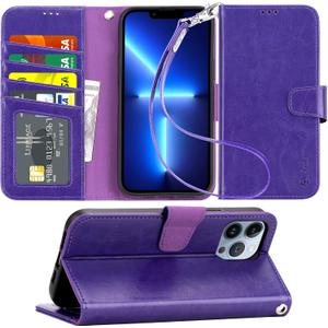 Arae Compatible with iPhone 13 Pro Max Case with Card Holder and Wrist Strap Wallet Flip Cover for iPhone 13 Pro Max 6.7 inch,Purple