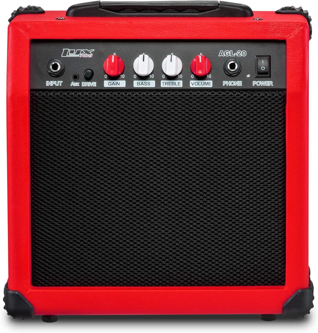 LyxPro Electric Guitar Amp 20 Watt Amplifier Built in Speaker Headphone Jack and Aux Input Includes Gain Bass Treble Volume and Grind - Red