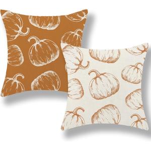 Fall Decor Pillow Covers 18x18 Set of 2 Autumn Orange Pumpkin Throw Pillow Covers Outdoor Thanksgiving Decorations Pumpkin Pillowcase Farmhouse Decorative Linen Cushion Covers for Sofa Couch