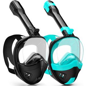 Full Face Snorkel Mask, Snorkeling Gear for Adults Kids with Latest Dry Top Breathing System and Detachable Camera Mount, with 180 Degree Panoramic View (Small-Medium, Black Green+Black)