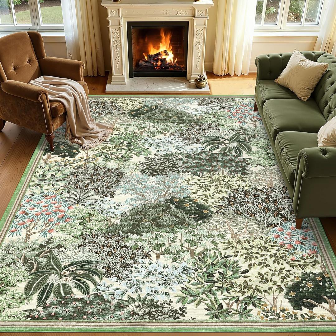GarveeHome Forest Rug 5x7 Washable Area Rugs for Living Room, Beige Green | Botanical Soft Low Pile Non Slip Stain Resistant Woodland Rug for Farmhouse Bedroom Decor Dining Room Office