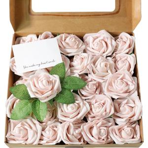 Artificial Flowers 25 Pack Pink Faux Foam Roses with Stems, Real Looking Fake Rose for DIY Wedding Bouquets, Bridal Shower Centerpieces, Party Table Decorations, Home Decor