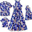 PATPAT Family Hawaiian Matching Outfits Mommy and Me Outfits Caribbean Vacation Summer Tropical Halter Sundresses and Shirts (8-9 Years, Deep Blue)