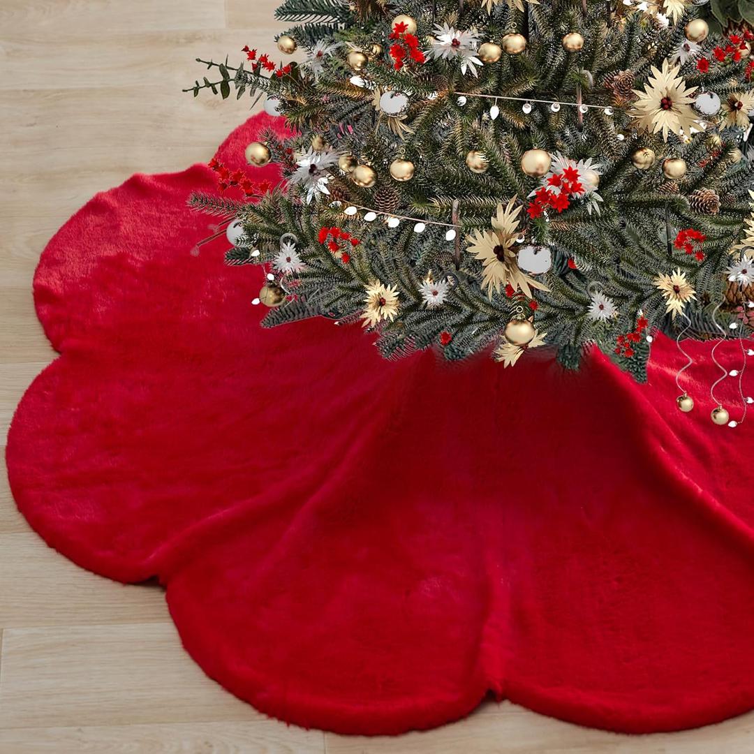 Baccessor Red Christmas Tree Skirt 48 Inch Scalloped Faux Fur Plush Soft Xmas Tree Skirt Large Tree Skirt for Christmas Home Decorations Holiday Party Ornaments Indoor Decor