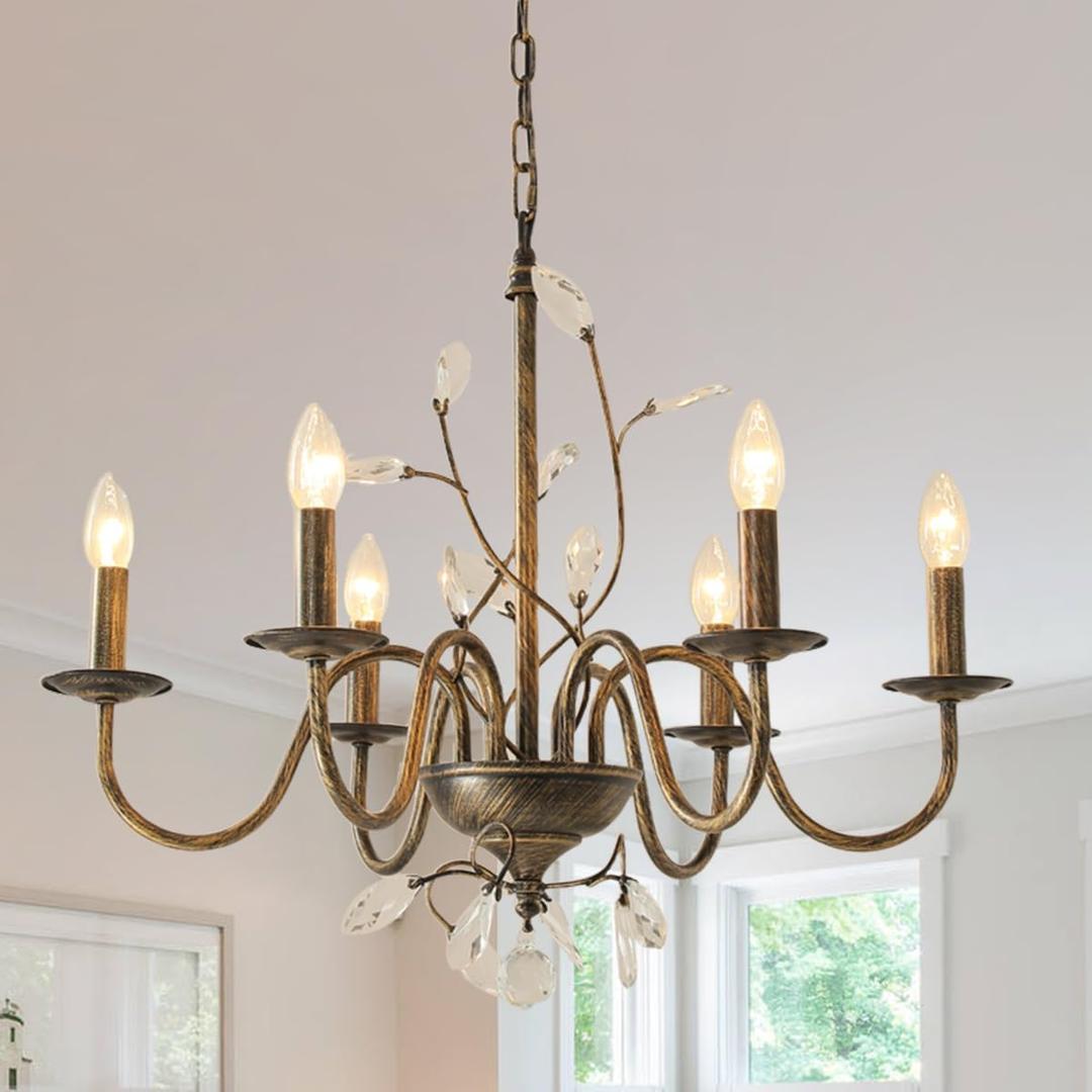 Farmhouse Crystal Chandelier,26 Inch Modern Flower Branch Oil-Rubbed Bronze Rustic Vintage Hanging Pendant Ceiling Light Fixture for Living Room Dining Room Bedroom Foyer Entryway, 18"H × 26"W