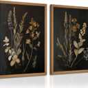 Vintage Floral Wall Art Decor Black Botanical Canvas Art Moody Flower Wall Art Dark Academia Poster Painting Vintage Floral Prints Pictures for Bedroom Living Room 12x16 Inch Wood Framed Set of 2