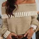 MEROKEETY Women's Fall Off Shoulder Knit Sweater Striped Pullover Tops (Beige, L)