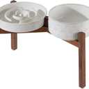 Havniva Ceramic 1.6 Cup Raised Slow Feeder Dog Bowl Set, Elevated 7.3inch Bowl and 8.2inch Dish with Acacia Wood Stand for Medium and Large Dog(Reactived Glaze -White