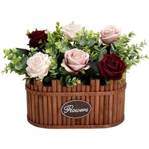 Table Centerpieces for Dining Room, Pre-Made Dining Table Centerpiece Decor, Wooden Vase Flower Arrangements for Coffee Table Farmhouse Kitchen Living Room (Burgundy Dusty Pink)