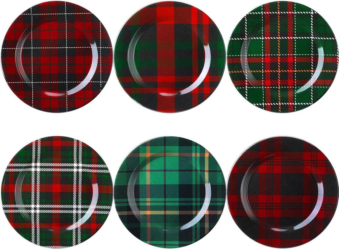 Christmas Plates Dinnerware Set 9 Inches Christmas Plaid Plates Holiday Plate Xmas Tableware Dessert Plate Christmas Party Supplies, 6 Assorted Designs(Classic Plaid)