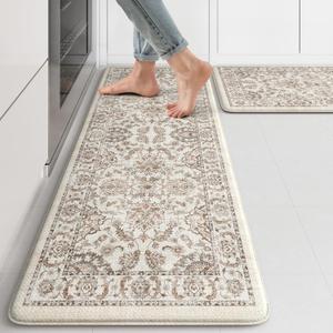 KIMODE Anti Fatigue Mats for Kitchen Floor,Kitchen Rugs Sets of 2 Non Slip,Padded Cushioned Kitchen Floor Mats,Memory Foam Kitchen Mat for Sink Laundry Office Desk,17"x29.5"+17" x47,Khaki