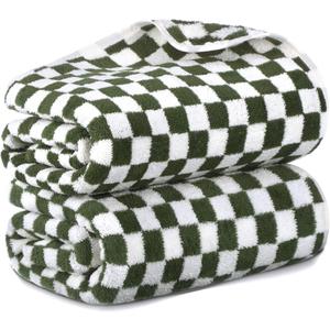 Peryiter 2 Pcs Checkered Bath Towel 27.5" x 55" Soft Large Towels for Beach Bath Bathroom Spa Shower Hotel Gym Pool(Green)