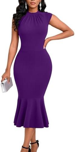 Elegant Dress for Women Bodycon Mock Neck Sleeveless Church Wedding Cocktail Party Midi Classic Mermaid Hem Dresses (Purple,Medium)