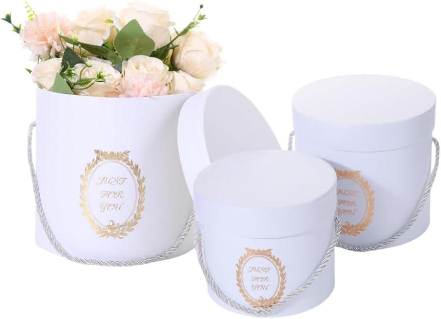Set of 3 Cylinder Luxury Flower Boxes with Lids Round Florist Gift Ribbon Bow Cardboard Packaging Box for Flowers, Nested Floral Bouquet for Anniversaries, Birthdays, Weddings, Mother's Day (White)
