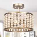 Boho Light Fixture - Wood Beaded Semi Flush Mount Ceiling Light, Modern Farmhouse Chandelier, Golden 2 Lights Nursery Light Fixture for Bedroom Hallway Foyer Kitchen Island Living Room, E26 Base