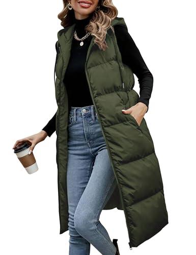Lingswallow Long Puffer Vest Women Quilted Hooded Vests Outerwear Sleeveless Zip Up Coat Jackets With Pockets M
