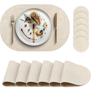 Faux Leather Placemats Set of 6 with Matching Coasters, Heat Resistant PU Oval Placemats, Waterproof Wipeable Washable Place Mats, Non-Slip Table Placemats for Dining Table Kitchen Patio (Beige)
