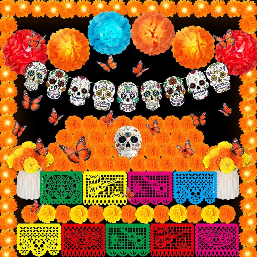 Roberly 58 Pcs Day of The Dead Decorations Set, 2 Marigold Garland, 9 Papel Picado Banners, 30 Marigold Flowers, 9 Sugar Skull, 12 Fake Butterfly, 7 Paper Pom Poms for Indian Diwali Dia De Los Muertos (Orange Yellow)