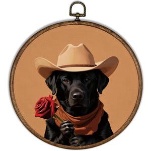 XBBMGG Western Cowboy Black Labrador Dog Wall Art, Funny Animal Red Rose Valentines Day Gift Round Wall Hanging Decor, Romantic Dog Framed Canvas Prints for Living Room Bedroom Decorations, 10x10in