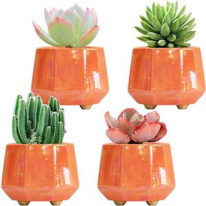 4 Inch Succulent Planter Ceramic Pot for Indoor Plants - Flower Pots with Drainage Hole - Set of 4 - Peach