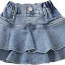 Flofallzique Little Girl's Denim Skirts Mini Flared Pleated Toddler Jean Skorts with Shorts Underneath (4T)