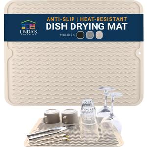 Silicone Dish Drying Mat for Kitchen Counter - Multi-Use 18 x 16 Inch Pad, Non-Slip & Heat-Resistant, Perfect Dish Drainer Mat by Lindas Essentials, Ideal Kitchen Accessory (Beige)